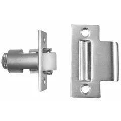 Brass grab catch with pull opening action, 2 1/4 in height and 1 1/8 in width. Used to secure cabinet or enclosure doors in industrial settings.