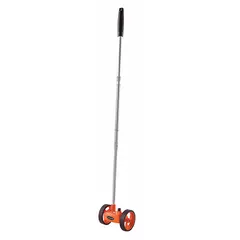 This mechanical measuring wheel features a spoked dual wheel with rubber tread and an adjustable handle. Constructed with ABS plastic, it uses a twist-and-lock mechanism and measures distances up to 9,999 ft in SAE units without batteries. Suitable for indoor applications such as floor plan layout and crime scene mapping.