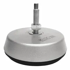 This vibration-damping male leveling mount features an M20 thread size, 8.66 in height, and 8,900 lb load capacity. It has a nickel-plated finish, round base shape, and includes a locking nut. Used for leveling and stabilizing industrial machinery while reducing vibration.