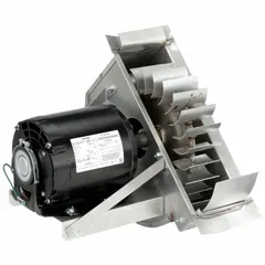 This pipe-mount exhaust draft inducer is designed for oil-fired boilers, furnaces, and water heaters. It operates on 115V AC at 60 Hz with a current draw of 5.4 A and includes a fastening band for installation on 8 in to 12 in pipes.