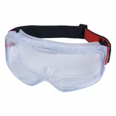 Clear lens safety goggles with anti-fog and scratch-resistant coating. Dielectric construction and indirect ventilation provide protection in electrical and chemical handling tasks. Cloth band ensures secure fit. Suitable for industrial environments requiring impact and splash protection.