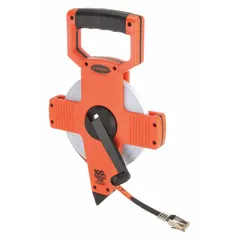 Manual open-reel tape measure with a 100 ft fiberglass blade. Single-sided SAE/Engineers scale graduated in 1/100 ft increments. Nonmagnetic single hook at the hook end. Plastic case. Suitable for measuring long distances in construction, surveying, and engineering layout work.