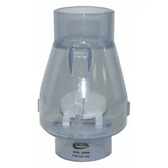 This PVC inline spring-loaded swing check valve features a 2-inch pipe size with socket x socket connections. The valve body is constructed of PVC with female socket ends for solvent welding. It is designed to prevent backflow in piping systems, suitable for water and wastewater applications.