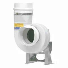 This direct-drive fume hood blower features a round outlet and polypropylene construction for resistance to corrosive fumes. It operates at 1120 RPM on 208-230V AC with variable speed control, suitable for exhausting hazardous vapors from laboratory fume hoods in outdoor installations.
