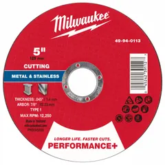 This MILWAUKEE cut-off wheel is a Type 1 general purpose wheel for cutting carbon and stainless steel. It measures 5 inches in diameter with a 0.045-inch thickness and a 7/8-inch arbor hole, made of aluminum oxide abrasive with 46 grit. Suitable for metal fabrication, construction, and maintenance tasks requiring clean cuts on ferrous materials.