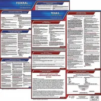 This Spanish-language poster set displays required Texas and federal labor law postings on a durable plastic sheet. Sized 20 in x 24 in, it is intended for indoor wall mounting in workplaces to inform employees of their rights and employer obligations under applicable laws