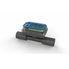 Inline turbine flow meter with digital totalizer for water flow measurement. Features a PVDF rotor, 4-20 mA output, and +/-3% accuracy. Flow range 1 to 10 gpm with 1/2 in FNPT connections. Measures in liters. Suitable for process monitoring and fluid management in industrial and commercial water systems.