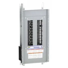 This 27-inch high, 10 7/16-inch wide panelboard interior is rated for 100 A and features a copper bus. It accepts QHB, QOB, and QOB-VH circuit breakers and supports convertible configurations for flexible installation in electrical distribution systems.