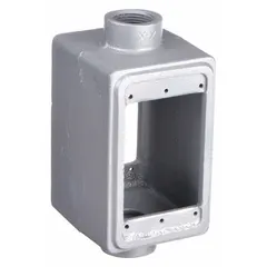 This rectangular iron weatherproof electrical box is designed for outdoor or industrial wiring installations. It provides a protective enclosure for electrical connections and devices in damp or wet locations. The box features a 1-gang configuration, 3/4-inch hub size, and 18-cubic-inch capacity, finished in gray.