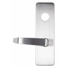 This DETEX mechanical exit device trim is a lever-style outside trim for exit push bars. It features a chrome finish and silver color, and is ADA compliant. Suitable for doors up to 48 inches wide, it provides secure egress in commercial and industrial settings.