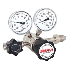 Two-stage high-purity fuel gas regulator with CGA 350 inlet and 1/4" tube outlet. Stainless steel diaphragm for corrosion resistance. Used in welding, cutting, and laboratory gas systems for precise pressure control.