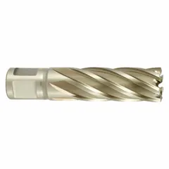 Cobalt high-speed steel annular cutter with a 1-1/16 in diameter and 2 in maximum cutting depth. Includes a pilot pin for alignment. Designed for cutting precise holes in hard materials such as stainless steel and alloy steels in fabrication and structural applications.