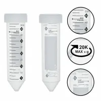 This 50 mL centrifuge tube is made of polypropylene with a conical bottom and a colorless body. It includes a natural-colored flat screw cap and is graduated for volume measurement. Designed for general laboratory centrifugation applications such as sample separation and sedimentation