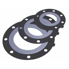 EPDM full-face gasket with inner ring for 6-inch pipe, Class 150, low-torque design. Measures 5/64 in thick with 6 5/8 in inside diameter, black. Suitable for sealing flanged joints in water, steam, and mild chemical service.