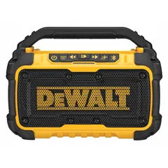 The DEWALT DCR010 is a jobsite radio and speaker that operates on 20V MAX* batteries or 12V/20V DC power. It supports audio streaming via Bluetooth, auxiliary input, or USB, and includes a USB port for charging devices. Sold as tool only, without battery or charger.