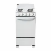 The DANBY DER202W is an electric oven range with four burners, designed for residential kitchens. It is ADA compliant, making it accessible for users with mobility needs. The white finish provides a clean look. This model does not include a self-cleaning feature