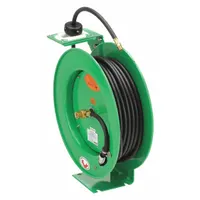 Spring Return Hose Reel: 50 ft (1/4 in I.D.), 1/4 in MNPT, 300 psi Max Op Pressure, Brass, Green