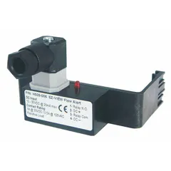Paddle-type flow switch for variable area flowmeters, adjustable set point, normally open. Contact ratings: 0.5 A @ 125V AC, 1 A @ 30V DC. Media temperature range 32°F to 158°F. NPT connections. Used to detect flow or no-flow conditions in industrial fluid systems.