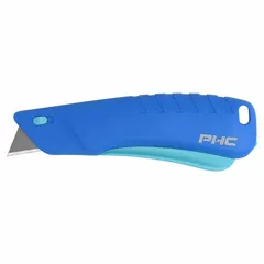 This automatic retracting utility knife features a textured blue plastic handle with a slide release button and a carbon steel standard tip. The blade retracts automatically when not in use to reduce cut risk. Overall length is 5 1/2 inches, overall width is 3/4 inch. Suitable for cutting cardboard, shrink wrap, tape, and other packaging materials.