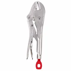 Flat-jaw locking pliers with lever mechanism and plain grip. Overall length 10 in, jaw length 1 1/4 in, max jaw opening 1 3/4 in. Used for clamping flat workpieces in metalworking, fabrication, and assembly tasks.