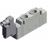 Single solenoid, five-way/two-position pneumatic valve with 5 ports and 3/8 in connections. Operates at 24V DC with internal pilot and non-locking monostable operation. Suitable for directing compressed air in automated industrial systems such as pneumatic actuation, packaging lines, and assembly equipment
