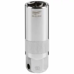 This 18 mm metric spark plug socket features a 6-point deep profile and chrome finish. Designed for removing and installing spark plugs in internal combustion engines, it is suitable for automotive, marine, and small-engine maintenance tasks.
