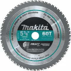 This MAKITA circular saw blade is designed for cutting stainless steel. It features a carbide construction with 60 teeth for clean cuts. The blade has a 5-7/8 in diameter, 0.04 in cut width, and 5/8 in arbor size. Suitable for metal fabrication, HVAC ductwork, and general maintenance cutting tasks.