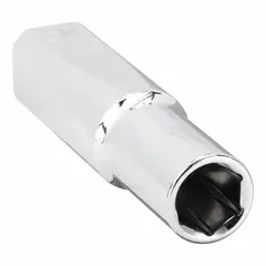 This 6-point deep socket is designed for fastening and loosening nuts and bolts in recessed or hard-to-reach areas. The anti-roll feature prevents the socket from rolling away on sloped surfaces. Constructed from chrome, it is suitable for general mechanical tasks requiring a metric 10 mm socket with a 3/8 in drive.