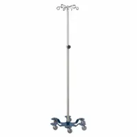 Standard IV pole constructed from stainless steel for corrosion resistance and ease of cleaning. Features six hooks for suspending multiple IV fluid bags and a six-leg base for stable support. Commonly used in healthcare settings for intravenous therapy