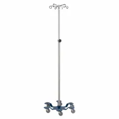Standard IV pole constructed from stainless steel for corrosion resistance and ease of cleaning. Features six hooks for suspending multiple IV fluid bags and a six-leg base for stable support. Commonly used in healthcare settings for intravenous therapy.