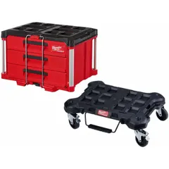This rolling tool box set includes a dolly and padlock for transporting and securing tools. Constructed of polymer, the set measures 22 1/4 in W x 14 1/4 in H x 14 1/4 in D. Suitable for job site organization and mobility.