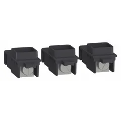 This 3-pole mechanical lug kit includes three aluminum mechanical lugs rated for 125 A. It is designed for use with Compact NSXm and Powerpact B circuit breakers. Typical applications include terminating aluminum conductors in industrial power distribution panels and switchboards.