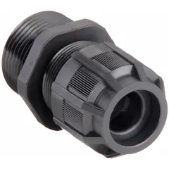 Straight nylon cable grip with 1 in MNPT box connection, accepting cord diameters from 0.31 in to 0.56 in. Black nylon body rated IP65 for protection against dust and water jets. Overall length 2 3/8 in. Suitable for securing and sealing cables entering electrical enclosures or junction boxes.