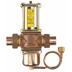 Two-way, pressure-actuated water regulating valve with a maximum flow of 73 gpm and a pressure range of 200 psi to 400 psi. Used to automatically modulate water flow in HVAC and industrial systems to maintain set downstream pressure. Commonly applied in chiller and condenser water circuits to prevent overpressure and ensure stable operation.