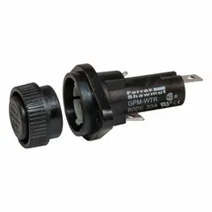 Panel-mount fuse holder for Class CC cylindrical fuses sized 13/32 in x 1 1/2 in. Single-pole unit rated 30 A max, 600 V AC. Features a screw knob cap and 1/4 in quick connect/solder termination. Suitable for overcurrent protection in control panels and branch circuits.