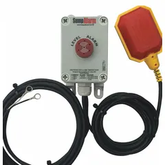 12V DC liquid-level alarm with tether float switch. Provides 90 dB audio and visual alert when water reaches the switch. Features auto/manual operation and one alarm input. No battery backup. Used to detect high water levels in sump pits, basements, or tanks.