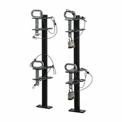 This trailer frame-mount tool holder secures two trimmers for transport. The channel-style design provides organized storage, and the locking mechanism deters theft. Suitable for landscaping equipment storage on trailers.