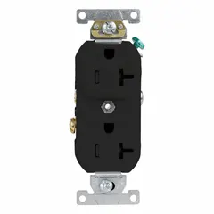 General purpose duplex receptacle rated 125V AC, 20A, NEMA 5-20R configuration, 2 pole/3 wire with grounding. Black finish. Suitable for powering equipment and tools in commercial and industrial settings requiring a 5-20R outlet.