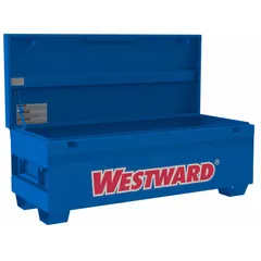 This chest-style jobsite box provides 20 cubic feet of storage capacity. It measures 60 inches wide by 24 7/16 inches deep by 22 13/16 inches high and is finished in blue. The recessed padlock hasp allows for securing the contents with a user-supplied padlock. Typical applications include secure storage of tools and equipment on construction sites or in industrial workshops.