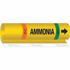 Single wrap-around pipe marker for LIQ phase low-pressure ammonia systems. Fits pipe outer diameter from 2-1/2 to 7-7/8 inches. Includes directional arrows for flow indication. Used for identification of ammonia lines in industrial refrigeration and similar applications.