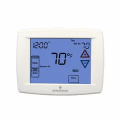 EMERSON 01F95 1277 is a low voltage thermostat for heat and cool applications. It features a touch screen, automatic changeover, and 5-1-1 programming. Supports 2H/2C conventional or 4H/2C heat pump systems. Temperature control range: 45° to 99°F. Horizontal mount, rectangular shape.