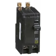 Bolt-on miniature circuit breaker from the QOB Series, rated 50 A, 2-pole, single-phase, 120/240V AC with a maximum interrupting rating of 22kA at 120/240V AC. Designed for use in Square D NQOD panelboards to provide overcurrent and short-circuit protection in commercial and industrial power distribution systems.