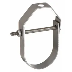This steel clevis hanger supports 2-inch pipe from 3/8-inch threaded rod. It is rated for a 250 lb load capacity and is non-cushioned. Commonly used for overhead suspension of tube and pipe in mechanical systems.