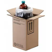 Pack of 12 jug shipping kits, each containing one 8 oz bottle in a brown UN-rated outer box (4G/X1.0/S). Designed for safe transport of small quantities of hazardous liquids in industrial and laboratory settings