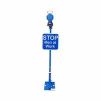 This railroad flag sign features a blue lamp and a 51 1/2-inch height, powered by (2) D batteries (not included). It is used to mark work zones along rail lines, providing a visible warning to approaching trains for enhanced safety of maintenance crews