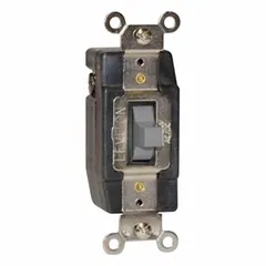 This LEVITON toggle wall switch features a Single Pole/Double Throw momentary action, rated for 24V AC/DC at 3 A. The non-illuminated switch has a gray finish and is suitable for low-voltage control applications such as signaling, relay activation, or pilot devices in industrial and commercial systems.