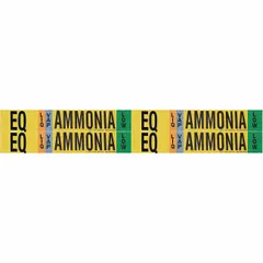 Ammonia adhesive pipe marker for identifying EQ (Evaporator/Equalizer) piping in industrial refrigeration systems. Designed for LIQ/VAP (liquid/vapor) lines at Low IIAR pressure level. Fits pipe outer diameter from 3/4 to 2-3/8 inches. Supplied as a set of 4 markers without directional arrows.
