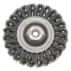 This heavy-cleaning brush from WEILER is designed for contoured carbon steel surfaces. It features a twisted steel fill with 0.02" diameter wire, a 4" diameter and 1/2" width, and a 3/8"-24 arbor. Suitable for aggressive cleaning tasks such as removing rust, scale, and weld splatter from contoured workpieces.