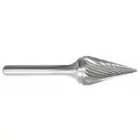 Single-cut pointed-end cone bur with 1/4" head diameter, 3/4" head length, and 1/4" shank. Trade number SM-2. Used for material removal, deburring, and shaping in metalworking, tool and die, and fabrication. Pointed cone geometry provides access to tight angles and contours on ferrous and non-ferrous materials