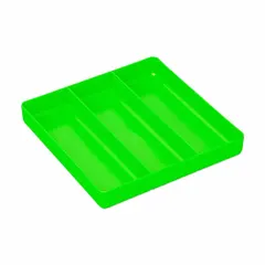This green tool tray from ERNST MANUFACTURING measures 10-1/2 inches in both length and width. It is designed for organizing small tools and parts within a toolbox drawer, keeping items separated and accessible for maintenance and repair tasks.